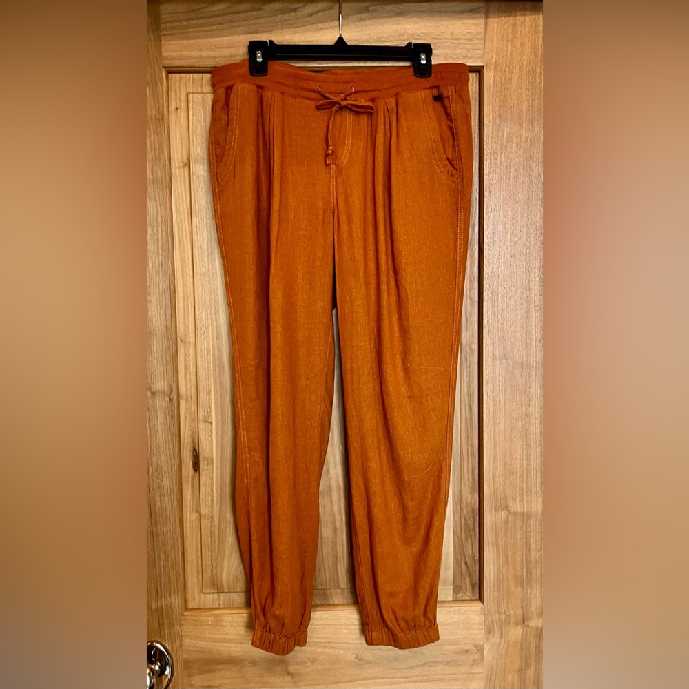 EUC ROXY Lightweight Linen Blend Drawstring Waist Joggers Size L Rust Orange